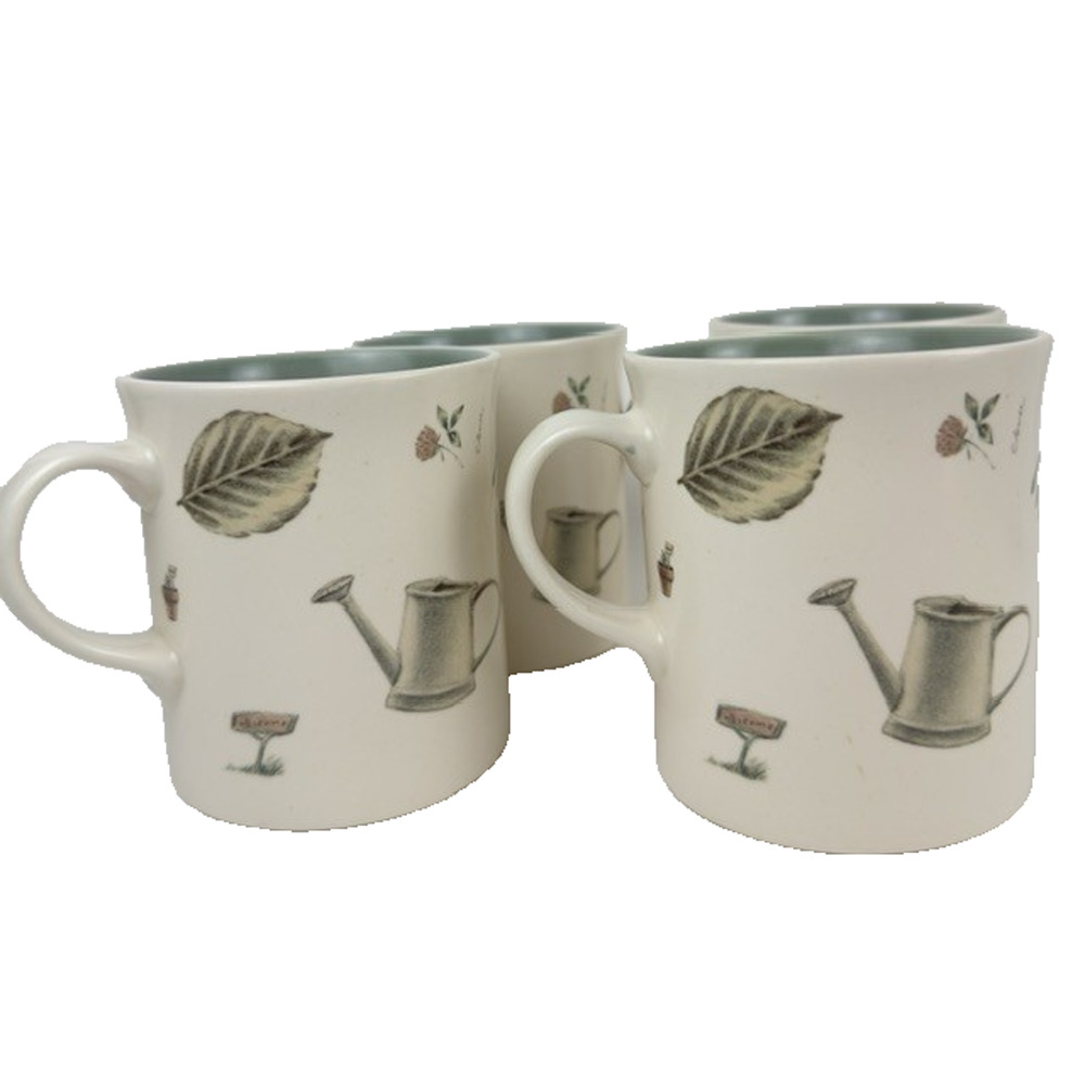 Pfaltzgraff Naturewood 4 Mugs Cups USA Casual, Leaves, Herbs, Garden Tools VTG